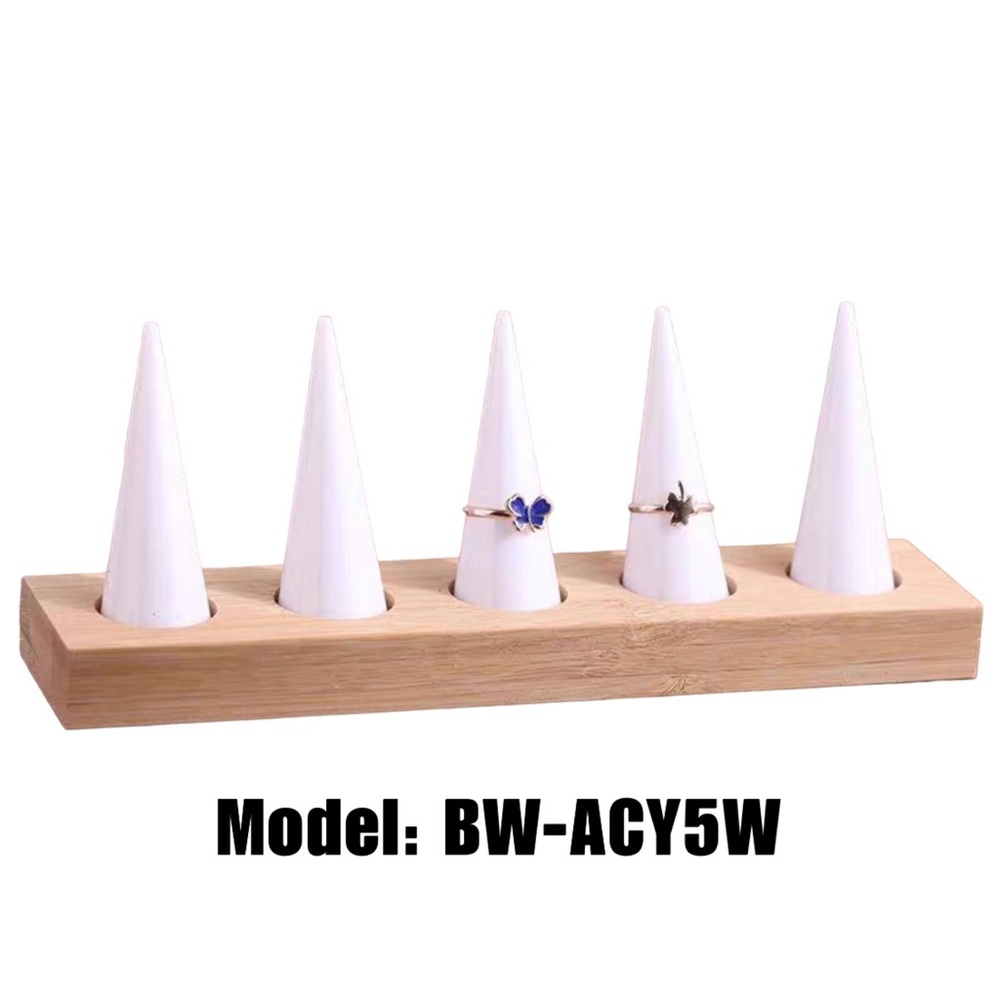 5 Acrylic Ring Cone Holder Wood Base Jewelry Organizer Display